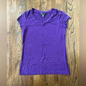 Apostrophe Stretch Women’s M Purple V-Neck Rayon/Spandex Short-Sleeved Tee- VGUC